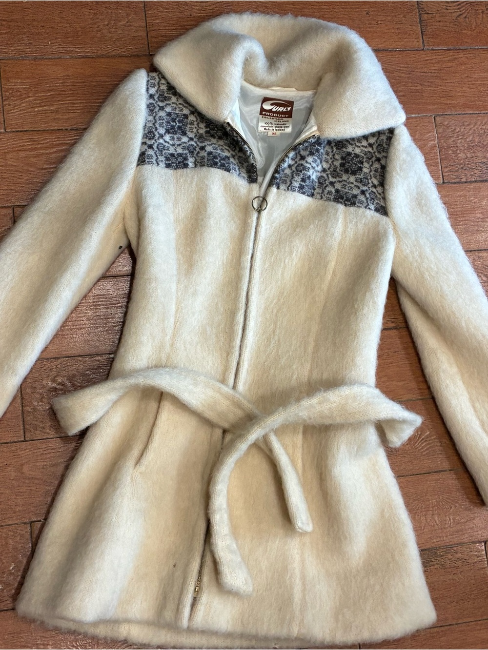 Wool-Blend Cream Belted Coat with Patterned Yoke